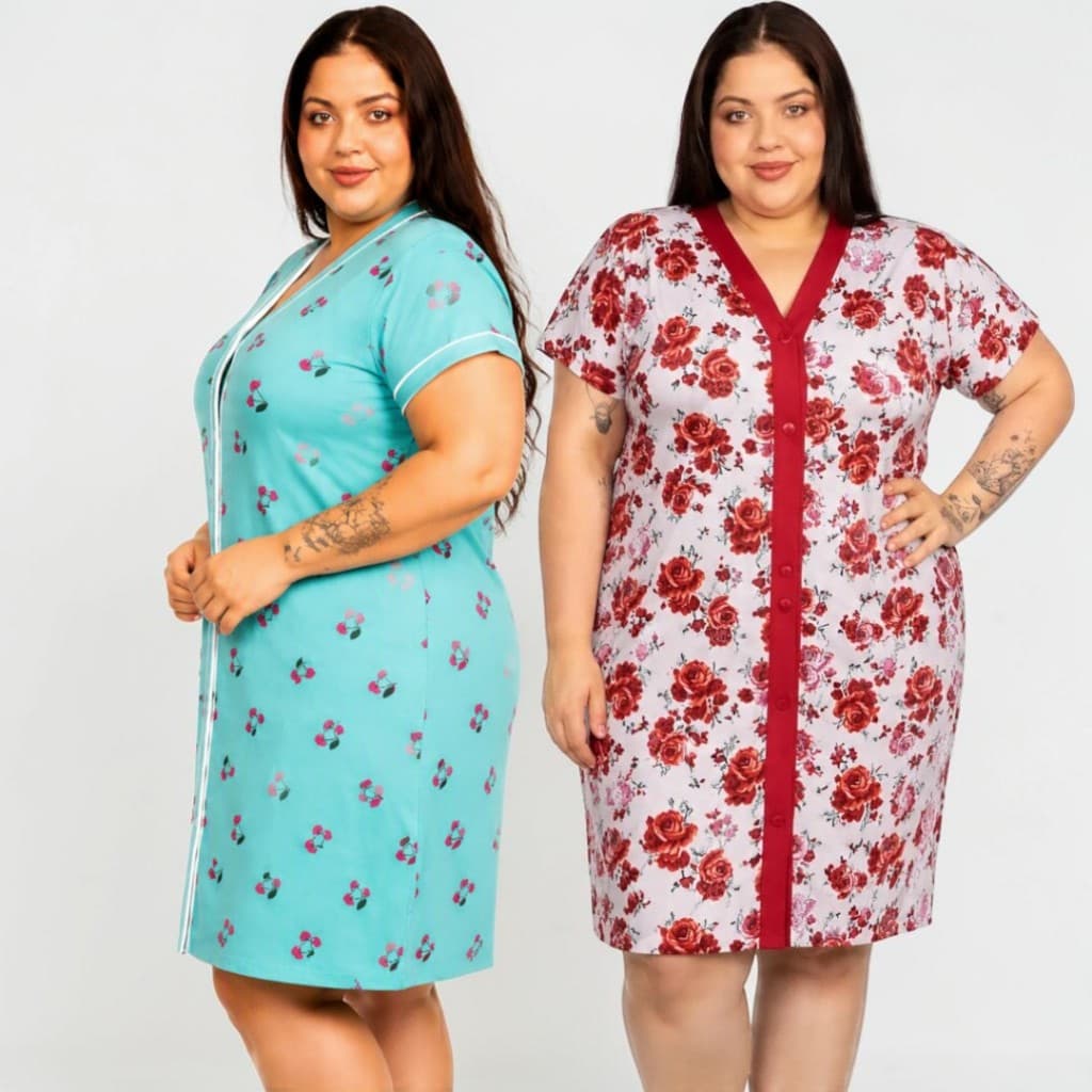 Kit 2 Camisola Plus Size Liganete 50 ao 54  Aberta Botão Liganete Amamentação Grande Pós Cirúrgica Plus