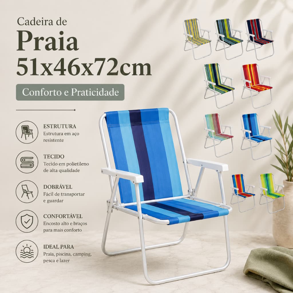 Cadeira de Praia Dobrável em Aço 51x46x72cm Cadeira de Praia Reforçada Dobrável para Praia e Piscina
