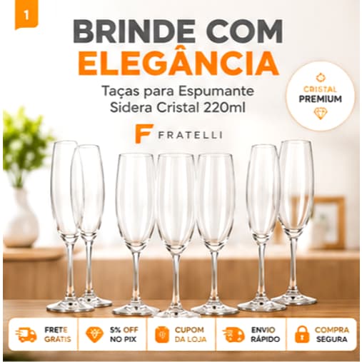 Jogo 6 Taças para Espumante Sidera Cristal 220ml Fratelli Cristal Premium Champagne Prosecco