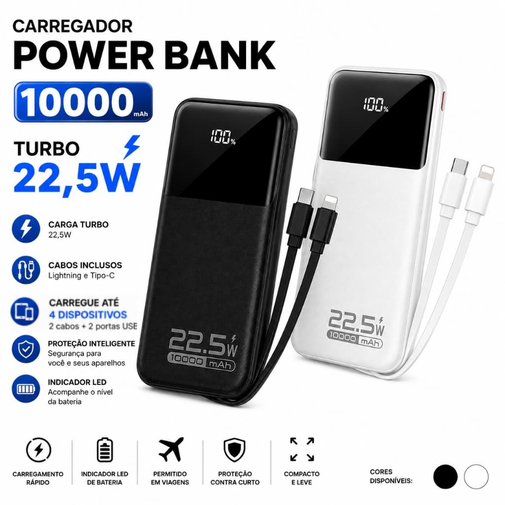 Carregador Power Bank 10000mAh Turbo 22,5W Portátil 2 Cabos Tipo-C Lightning iPhone Samsung Xiaomi