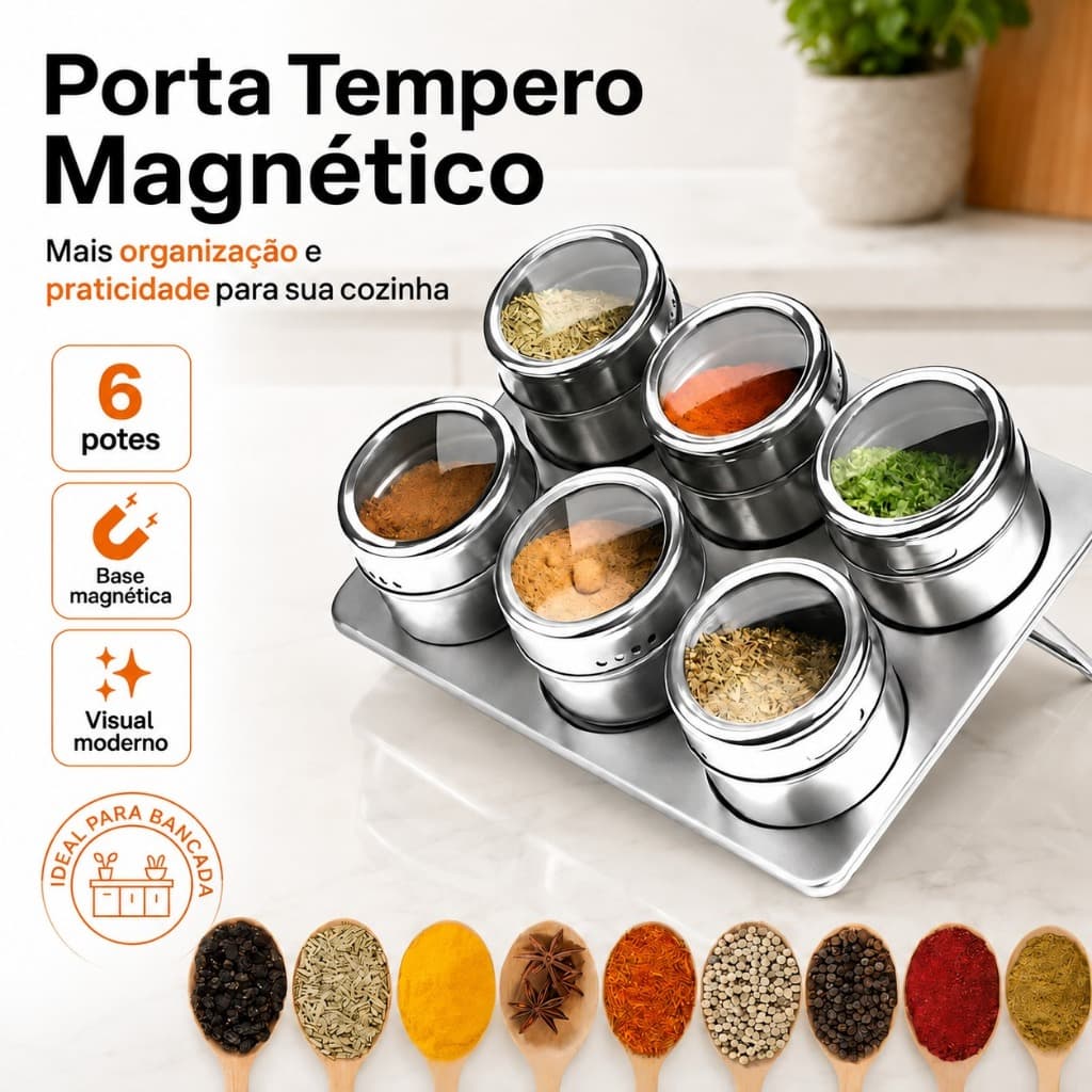 Porta Condimento Magnético com Base Suporte de Tempero de Inox com Visor Kit com 6 Unidades