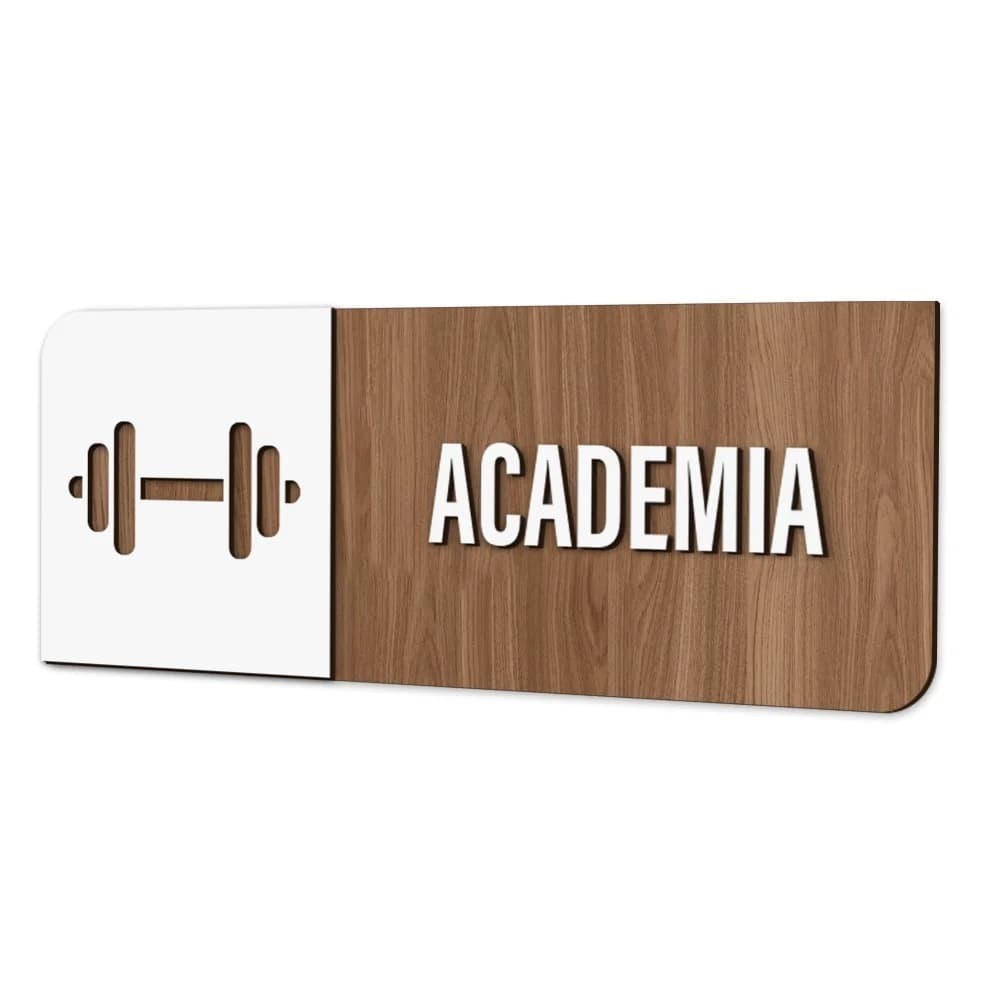 Placa de Sinalização Indicativa Academia - Amadeirado e Branco