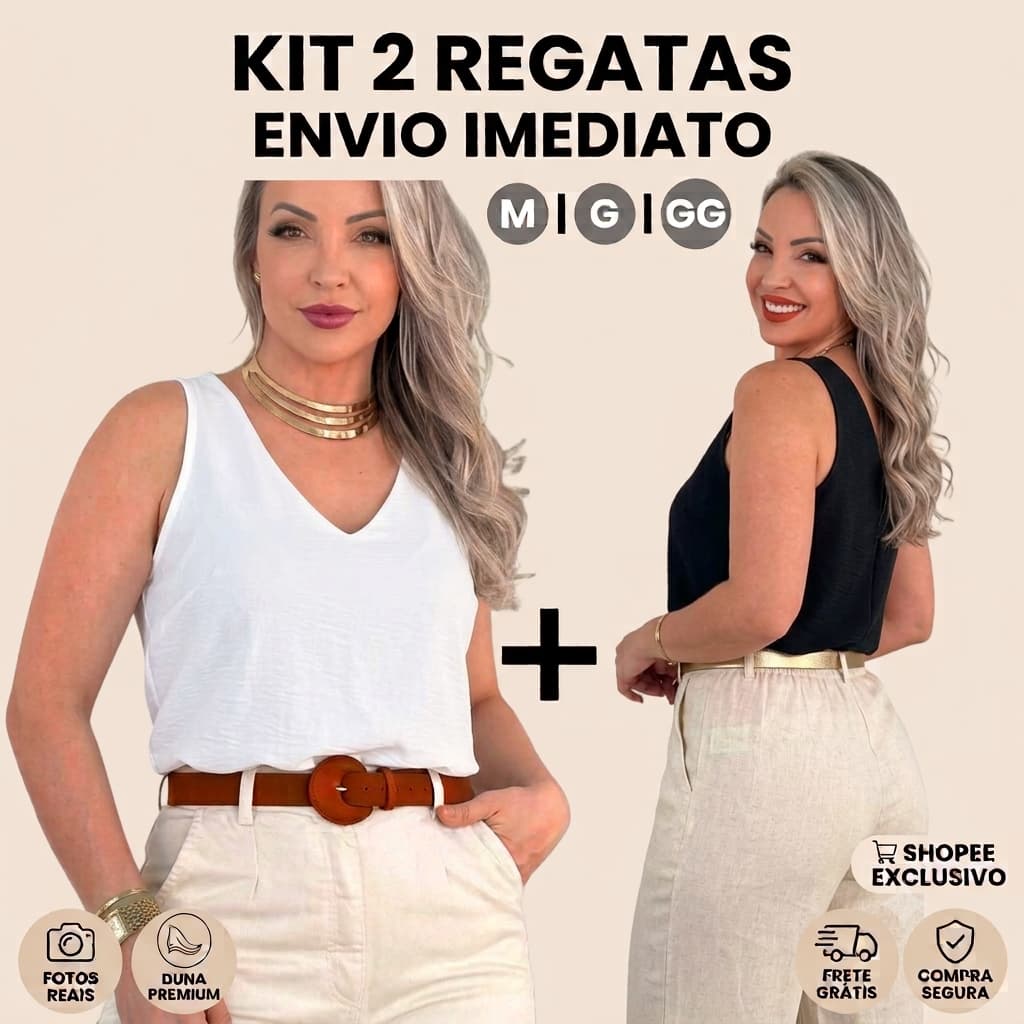 Kit 2 Peças Blusa Regata Feminina Alça Larga Grossa Duna Tendência Básica Elegante