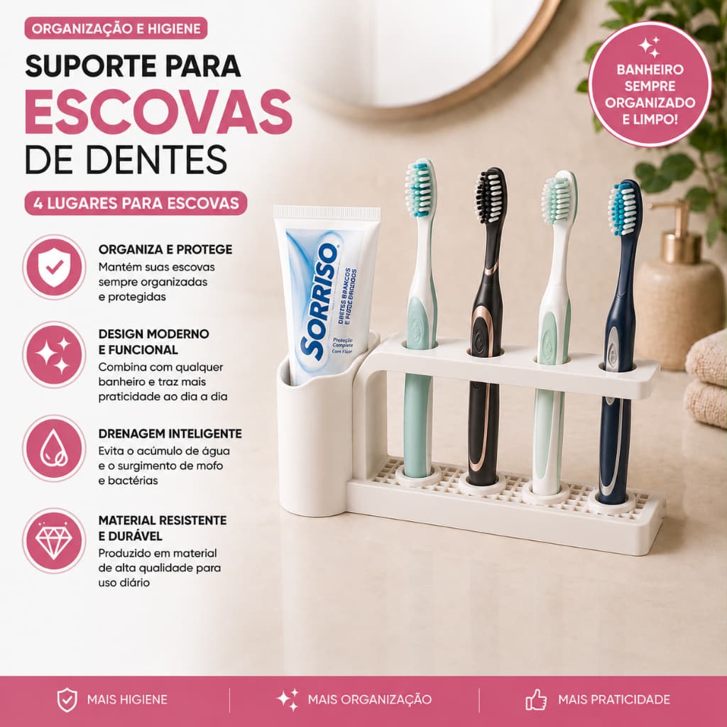 Suporte Porta Escovas de Dente Organizador de Banheiro Porta Creme Dental Base Drenante Branco / Verde / Bege  / Marrom