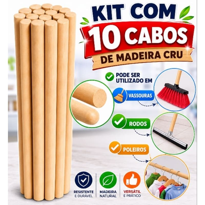 Kit 10 Cabos de Madeira para Vassoura, Rodo e Poleiro