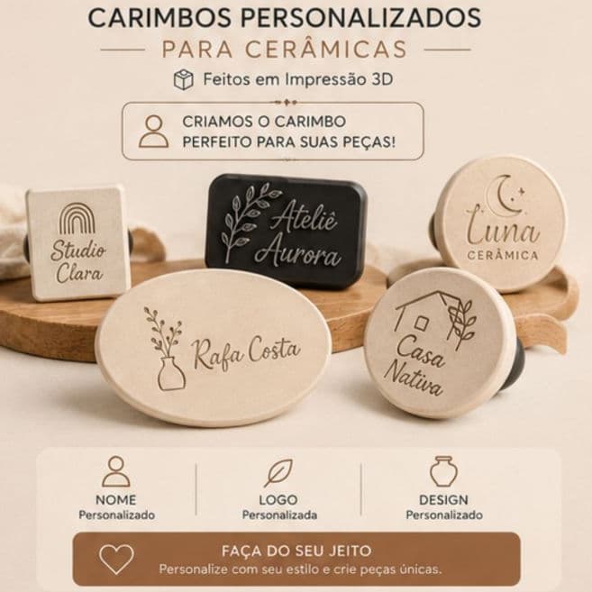 Carimbo Personalizado Impressão 3D para Cerâmica, Argila e Papel | Nome, Logo ou Texto