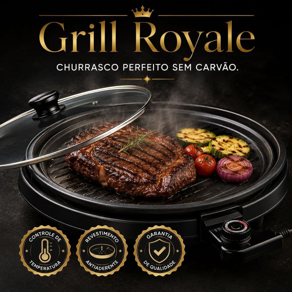 Grill Elétrico Redondo 220V 1200W com Termostato Ajustável Antiaderente Grill Royale