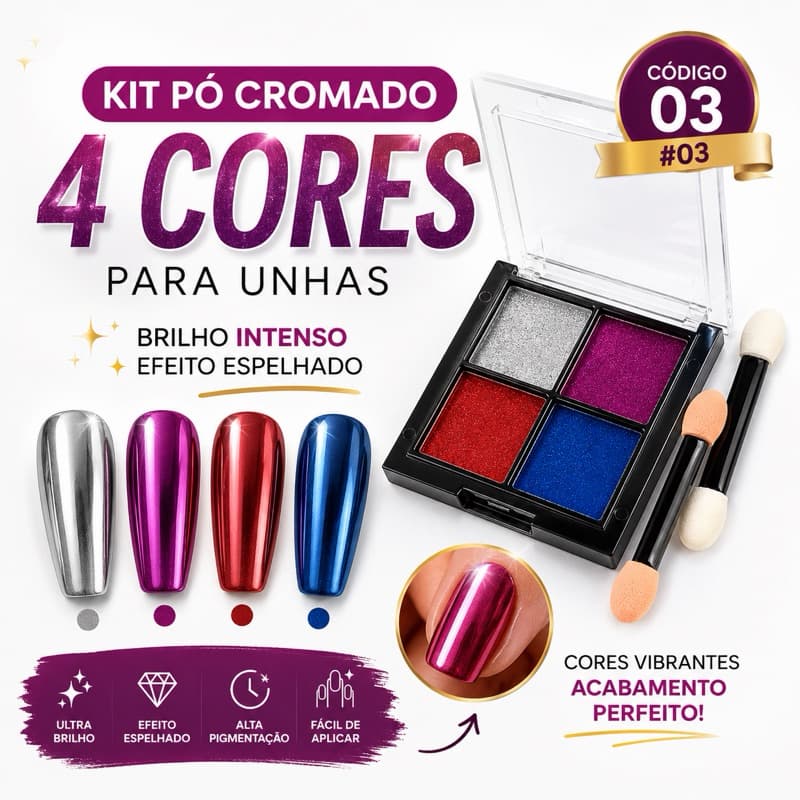 Pó Cromado Espelhado Mirror Powder Kit 4 Cores Ref. 03 Nail Art Unhas em Gel Efeito Metalizado