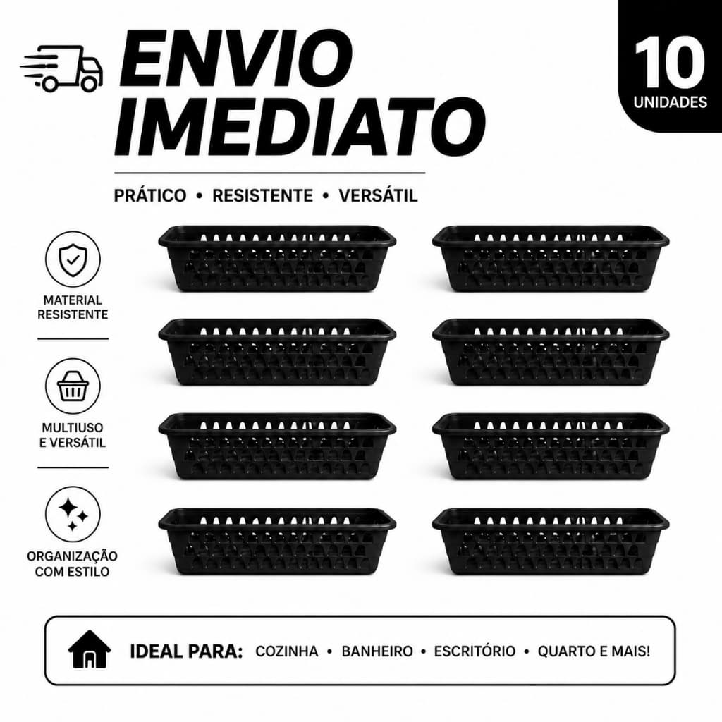 Kit 10 Cestos Organizador Cozinha, Banheiro Multiuso Grande de Gaveta Retangular Rosa, Branco Preto