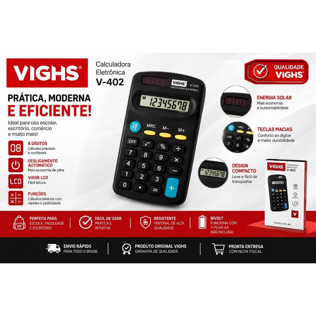 Calculadora Eletrônica VIGHS V-402 Kit 1, 2, 3 e 4 Unidades 8 Dígitos LCD Escolar Escritório