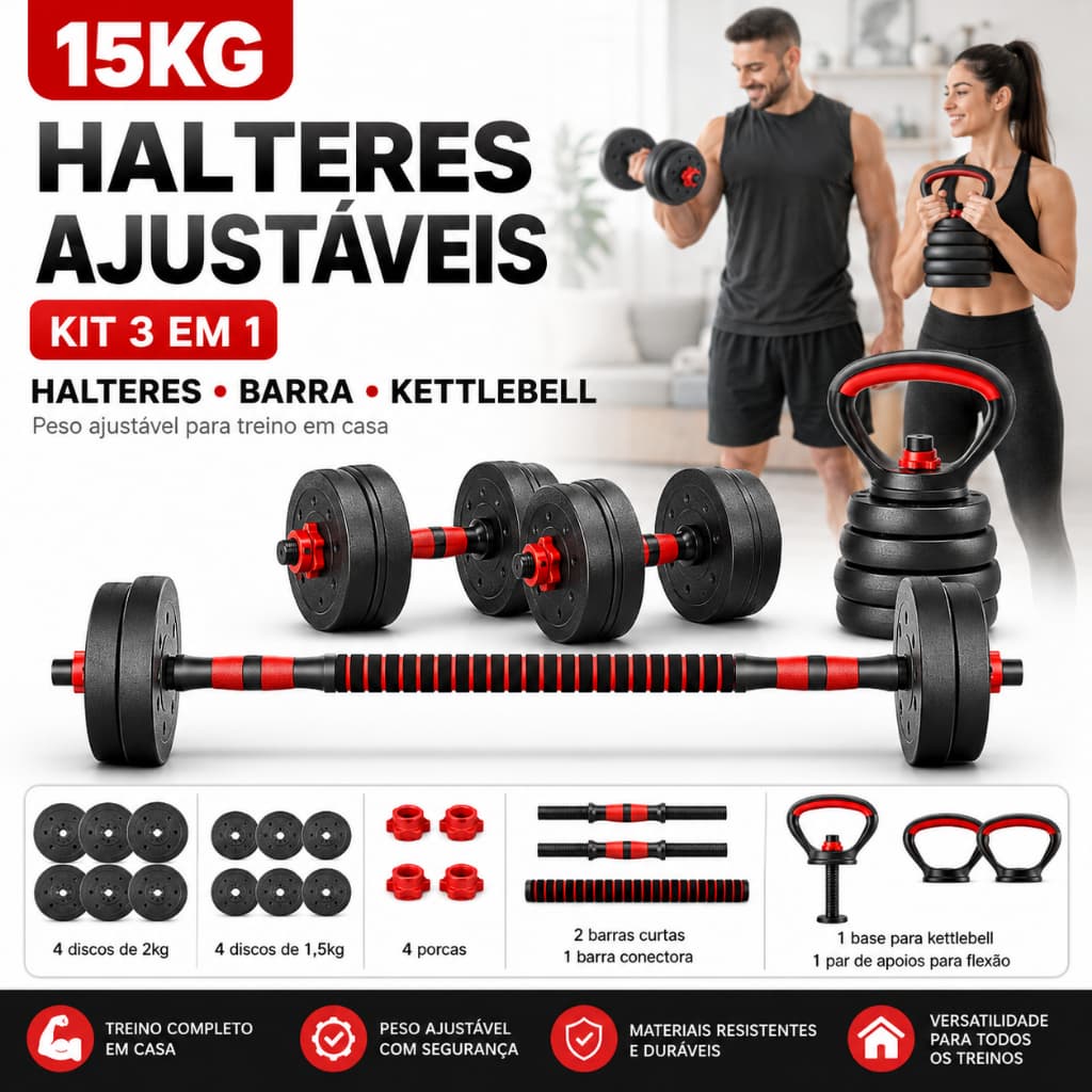 Kit De Halteres De Musculação E Anilhas Ajustáveis 15kg 3 em 1 - Com Barra Longa E Kettlebell Para Casa