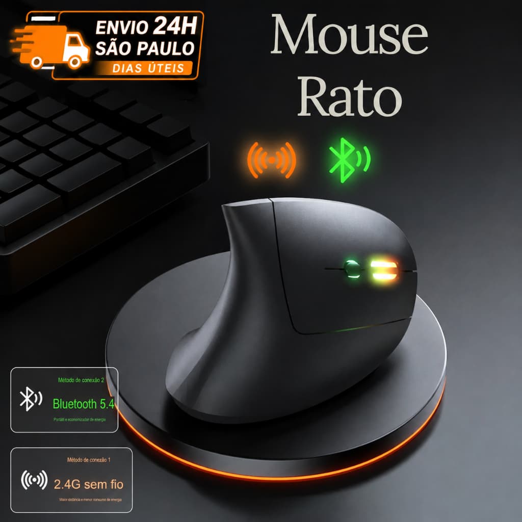 Mouse Ergonômico Vertical Bluetooth 5.4 2.4G Sem Fio com LED para Computador e Notebook
