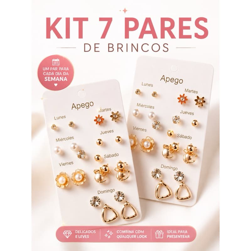 Kit 7 Pares de Brincos Femininos Variados Delicados Folheados a Ouro ou Prata Presente