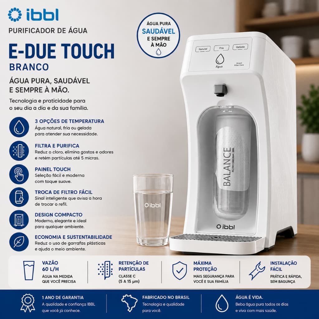 Purificador de Água IBBL E-Due Touch Branco Bivolt Painel Touch Água Natural Fria e Gelada