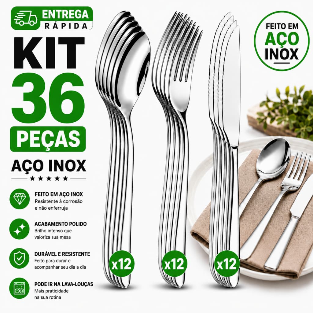 Jogo de Talheres 36 Peças Aço Inox Premium 12 Facas, 12 Garfos,12 Colheres  Resistente, Elegante e Durável
