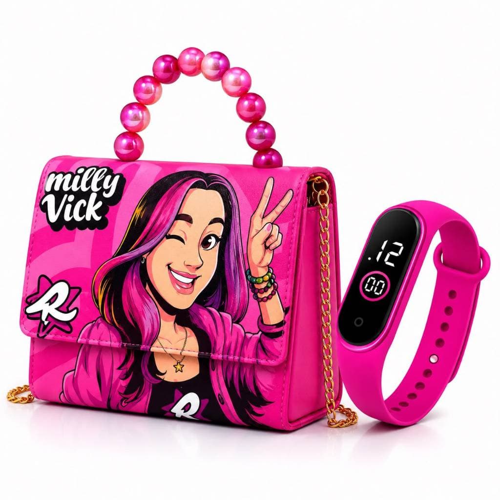 Bolsa Infantil Blogueira + Relógio Digital Kit 2 Peças Tiracolo Menina Os Rosas