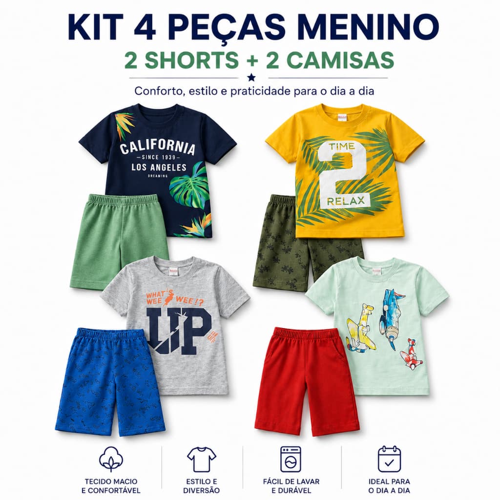Kit 4 Peças Infantil Menino 2 Conjuntos (2 Camisetas + 2 Shorts) Algodão Confortável Tam 1 ao 8