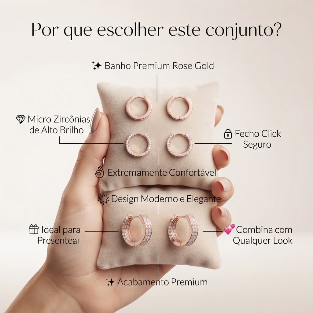KIT com TRÊS pares Brinco Feminino Prata ou Dourado Argola Click Pequena Cravejada Zircônia Presente