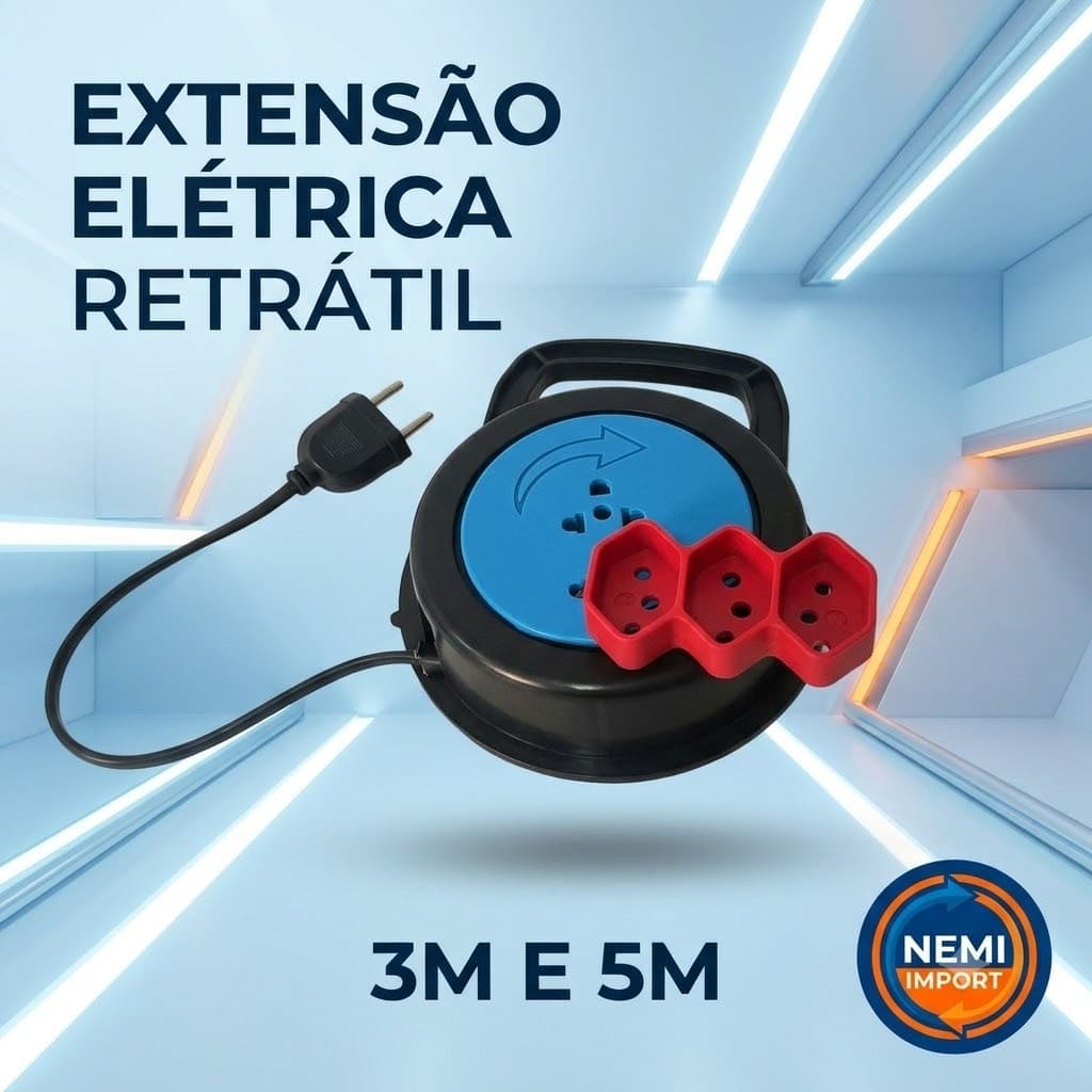 Extensão Elétrica Retrátil 3 ou 5 Metros Bivolt 3 Tomadas Redonda Organizadora - Cor sortida