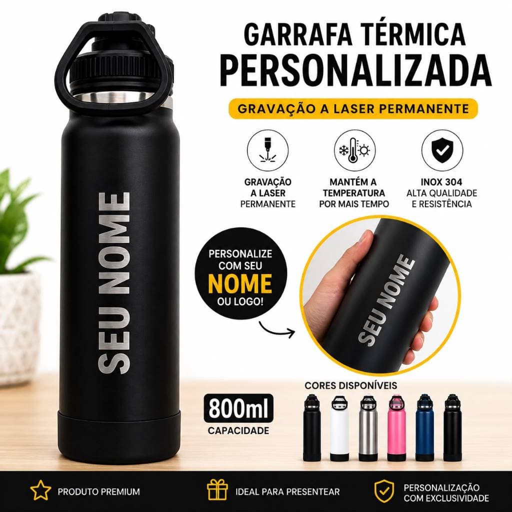 Garrafa Térmica Personalizada Nome e Time com base de silicone 800ml