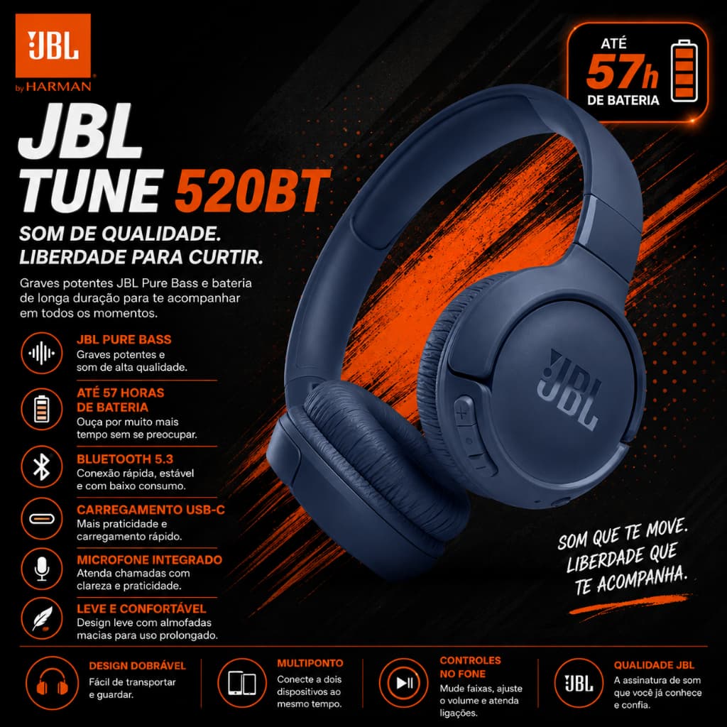 Headphone JBL Tune 520BT Azul Marinho  Bluetooth 5.3 USB-C Até 57h de Bateria