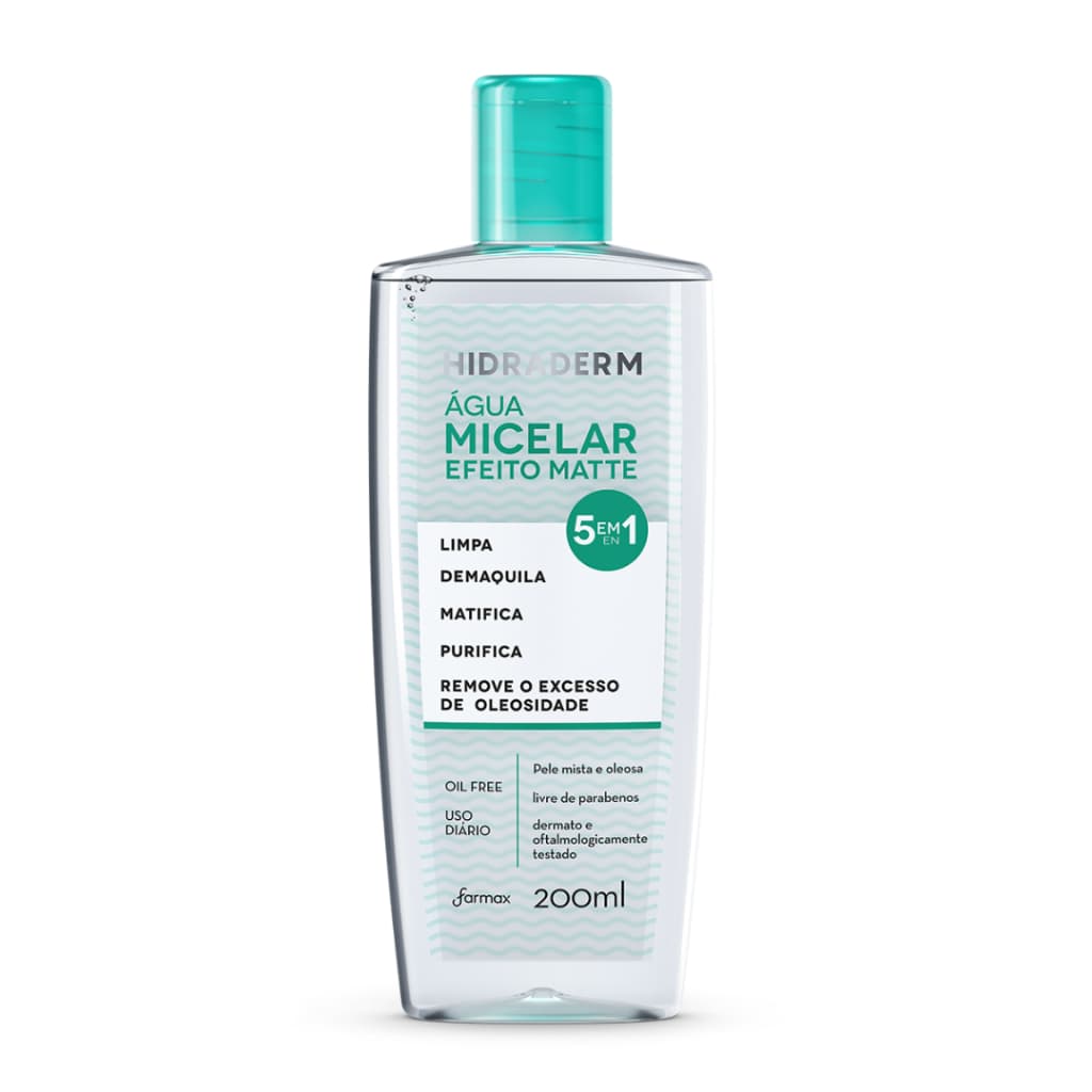 Água Micelar Hidraderme Matte 5 em 1 200ml Limpeza Facial Para Pele Oleosa