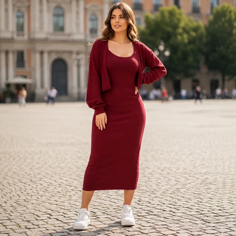 Conjunto Vestido Alça Fina Midi Canelado C Casaco Cardigan Feminino Longo Moda Evangélica Blogueira