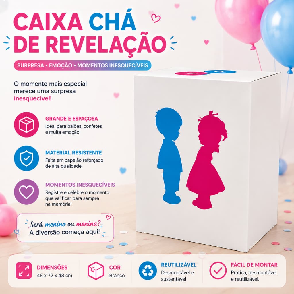 Caixa para Chá de Revelação Bebê Gravidez 48x48x75cm 1 UNID