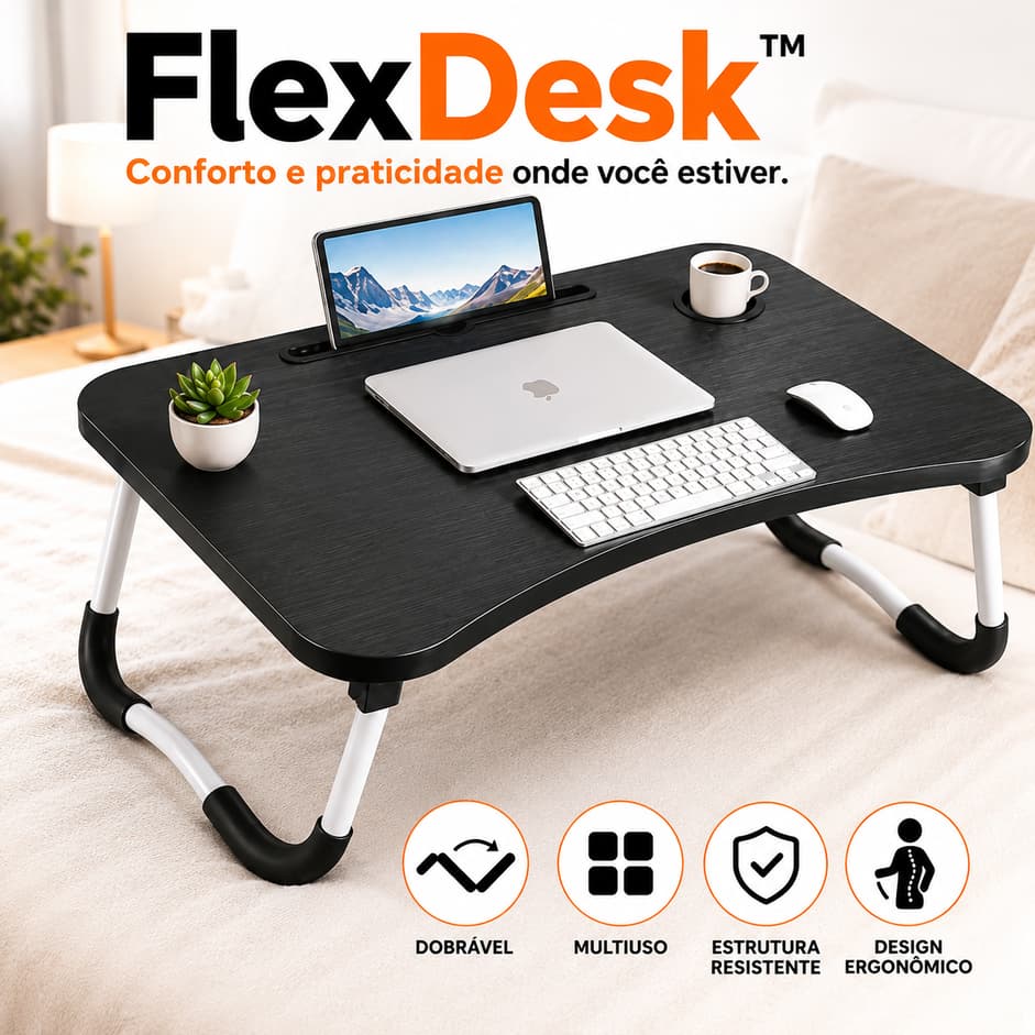Mesa Notebook Dobrável Portátil Ergonômica Multiuso para Cama Sofá Home Office Escrivaninha FlexDesk™