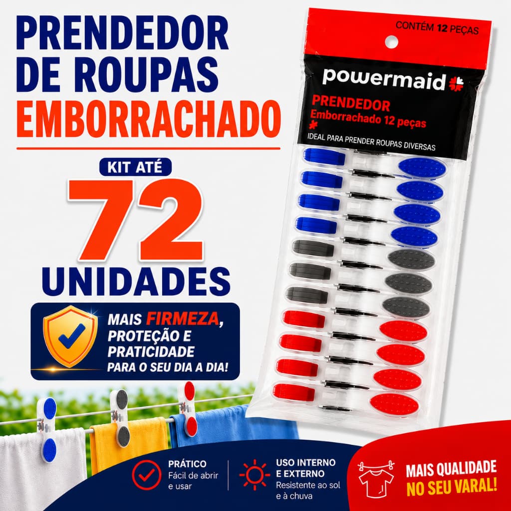 Kit 12 à 72 Prendedores de Roupa Emborrachado. Pregadores de roupa Powermaid.Grampos de varal forte, colorido, resitente
