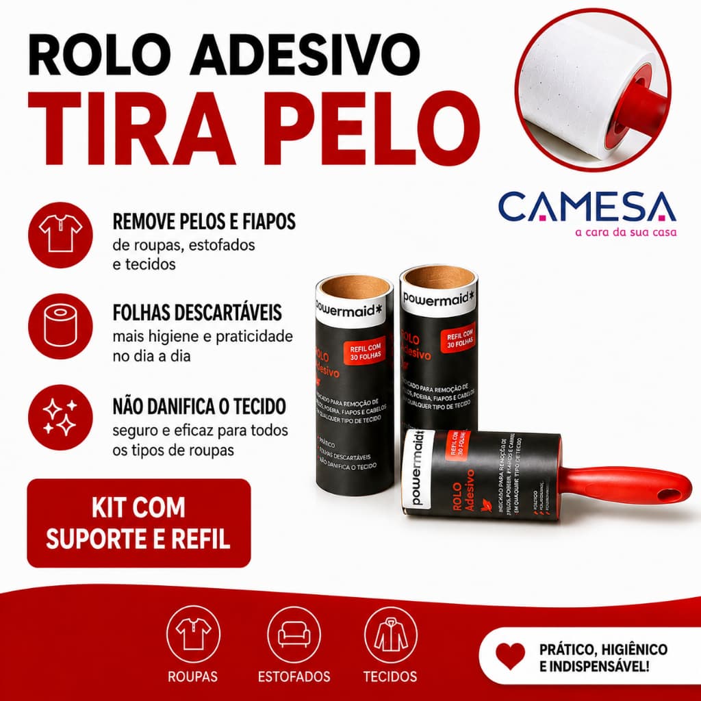 Rolo, Rolinho Tira Pelos de Roupas, Tecidos e Sofá, Pó, Poeira e mais. Multiuso com folhas descartáveis Powermaid Camesa