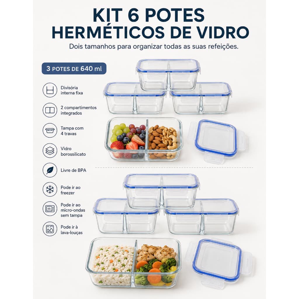Jogo Misto 6 Potes Herméticos de Vidro 640ml e 1040ml com Divisória Fixa Tampa 4 Travas