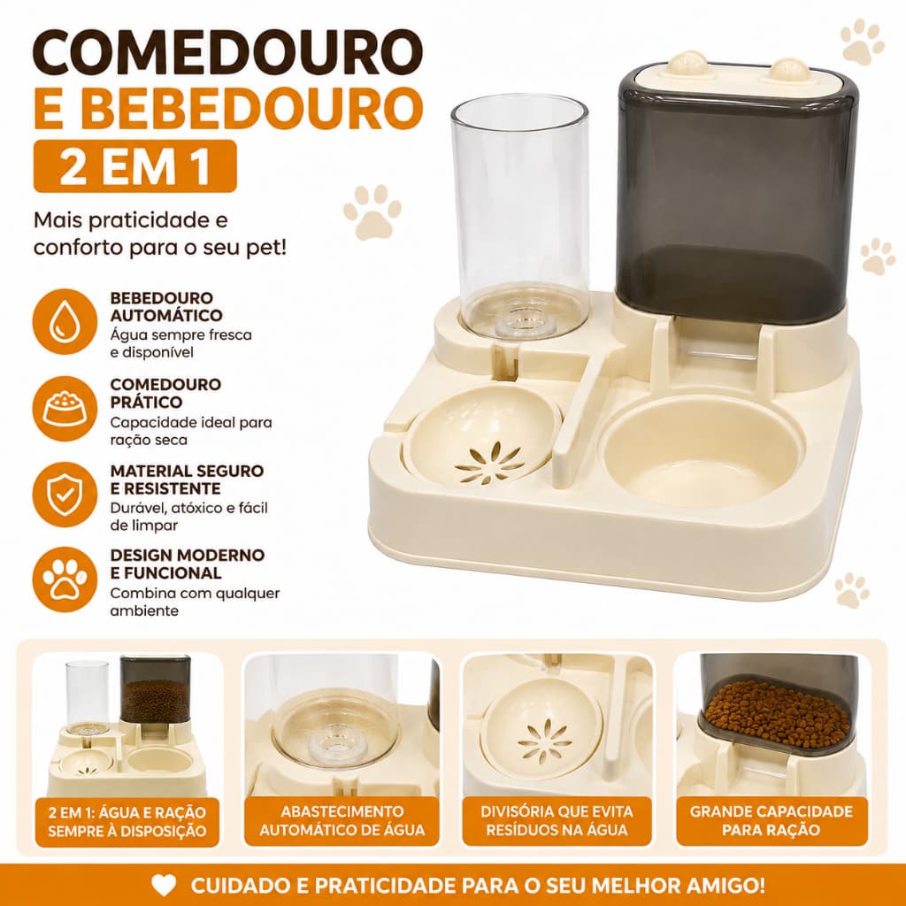 Dispenser Automático de Água e Ração 2 em 1 Comedouro e Bebedouro para Cães e Gatos