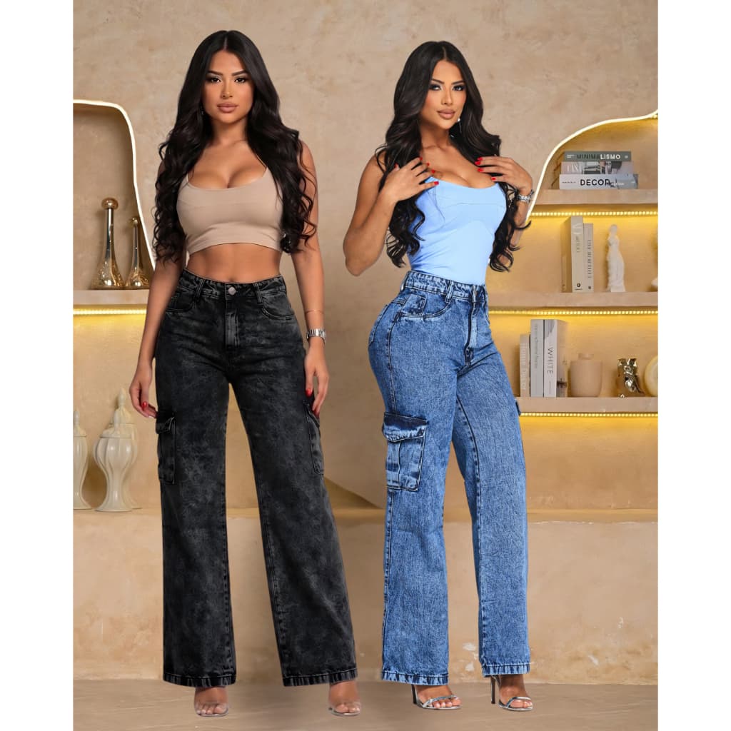 Calça Cargo Jeans Feminina Bolso Lateral Cintura Alta Wide Leg Premiun