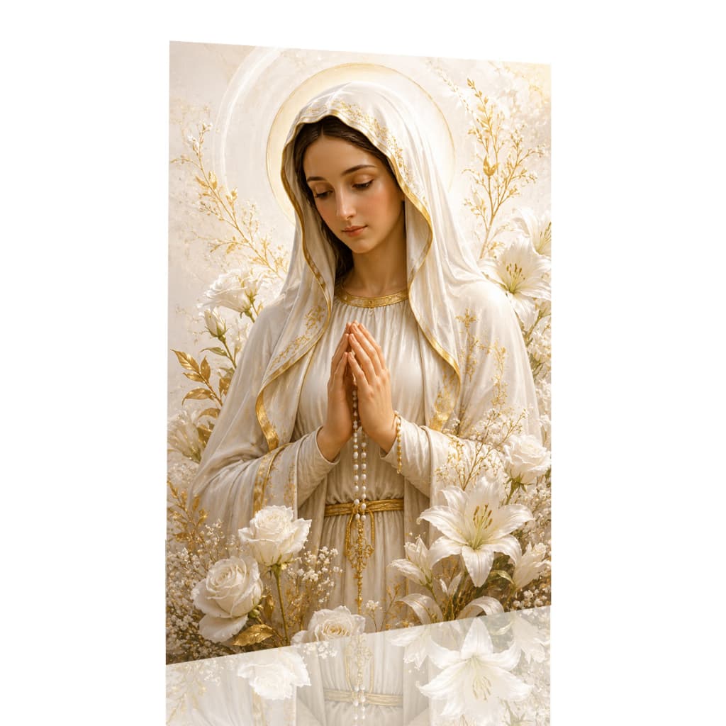 Quadro Decorativo Nossa Senhora Aparecida Flores Brancas Religioso Arte Sacra Vertical