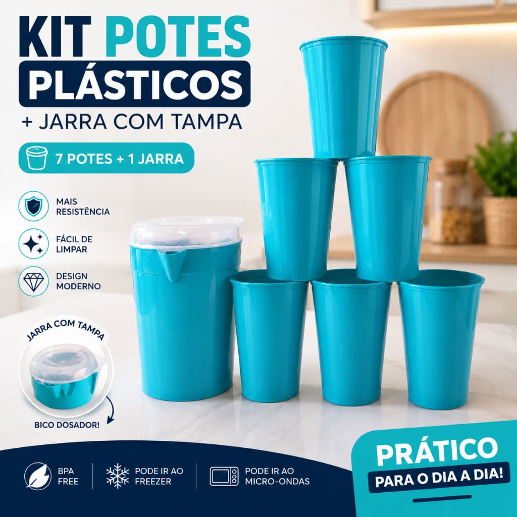 Kit Jarra de Suco com Tampa + 5 Copos Plásticos para Água Suco e Refrigerante