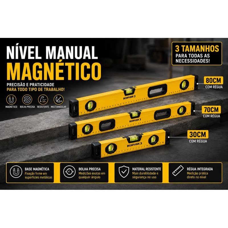 🟨 Nível Manual Magnético com Régua 30cm | 70cm | 80cm | Alumínio Reforçado | 3 Bolhas de Alta Precisão