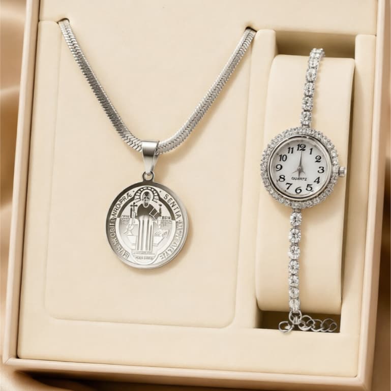 Conjunto Feminino Colar São Bento e Relógio de Quartzo com Cristais Aço Inoxidável Banhado a Ouro