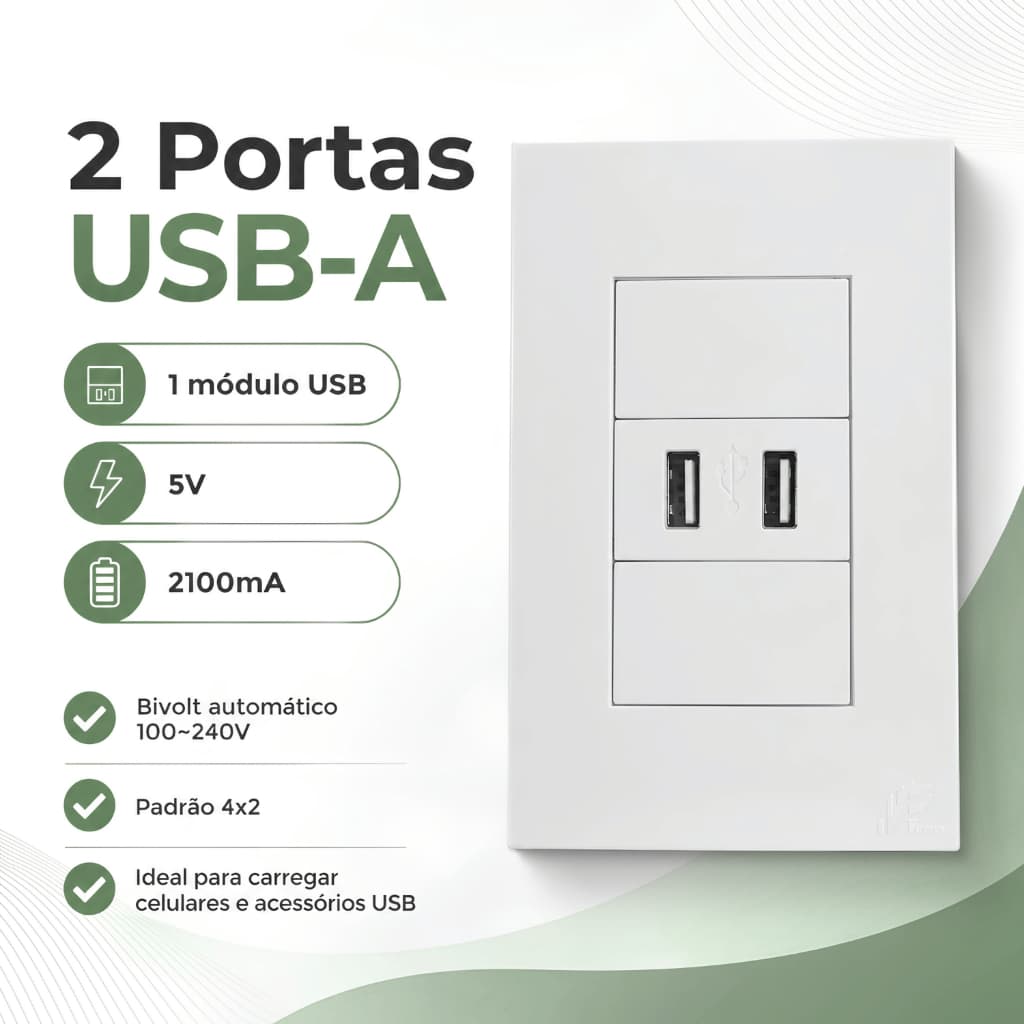 Tomada USB Parede Carregador 4x2 Bivolt 100-240V Branca Cinza Opcao USB A ou USB A e Tipo C