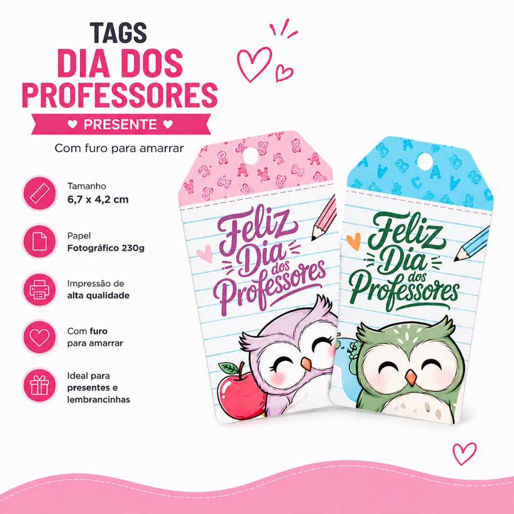 Tags Dia dos Professores  presente, 6,7x4,2cm, com furo