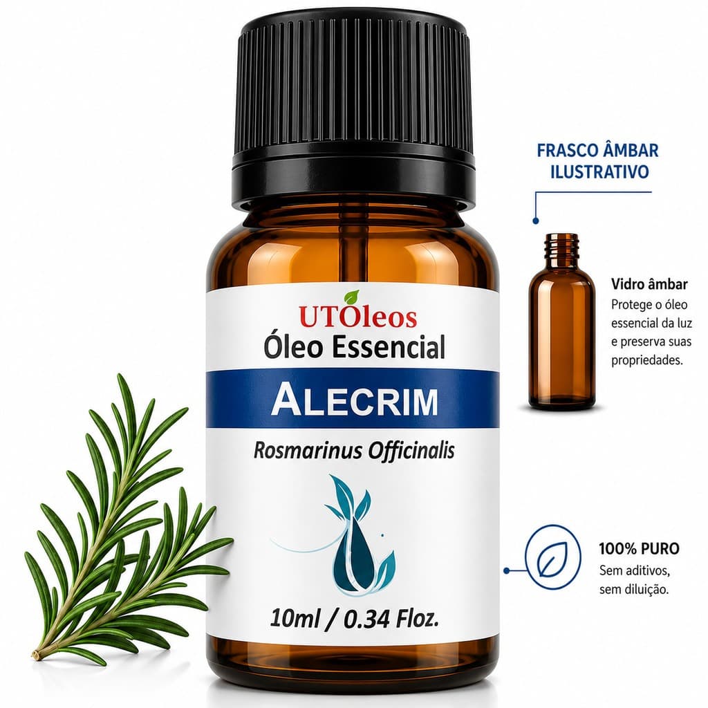 Óleo Essencial de Alecrim 10 ml Puro Rosmarinus Officinalis Frasco Âmbar para Uso Capilar e Corporal