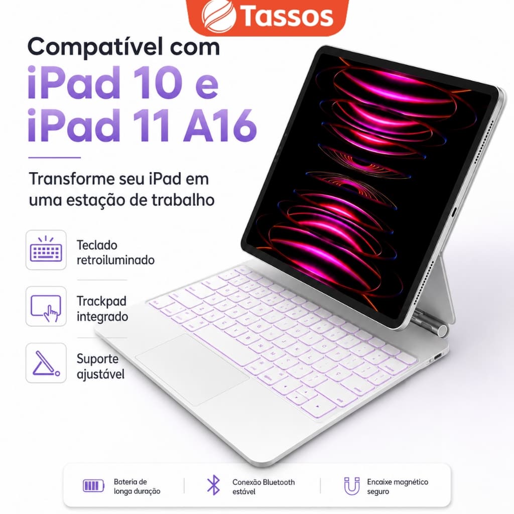 TASSOS Capa Teclado Para iPad 10 11 A16 Bluetooth Touchpad LCD Retroiluminado com tecla Ç(Sem iPad)