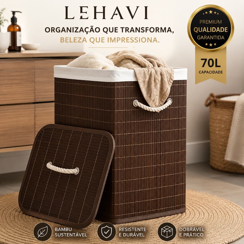 Cesto de Roupa Bambu 70L Organizador com Tampa Alças Dobrável Lavanderia Marrom