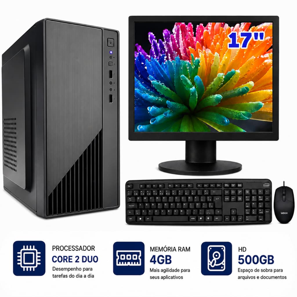 Computador Completo HD 500gb Intel Core 2Duo 4 Ram Tela 17" Teclado Mouse Wifi Trabalho Estudo
