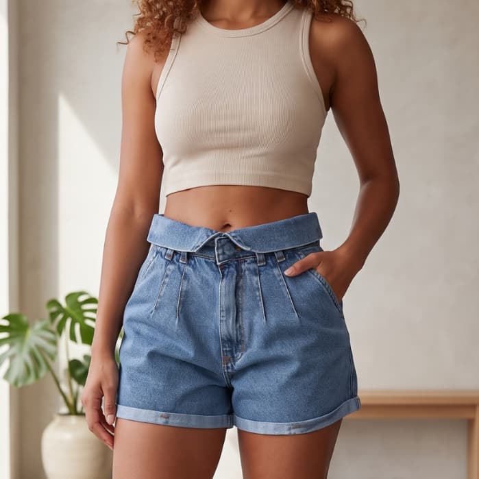 SHORT JEANS CLOCHARD CASUAL FEMININO CINTURA ALTA