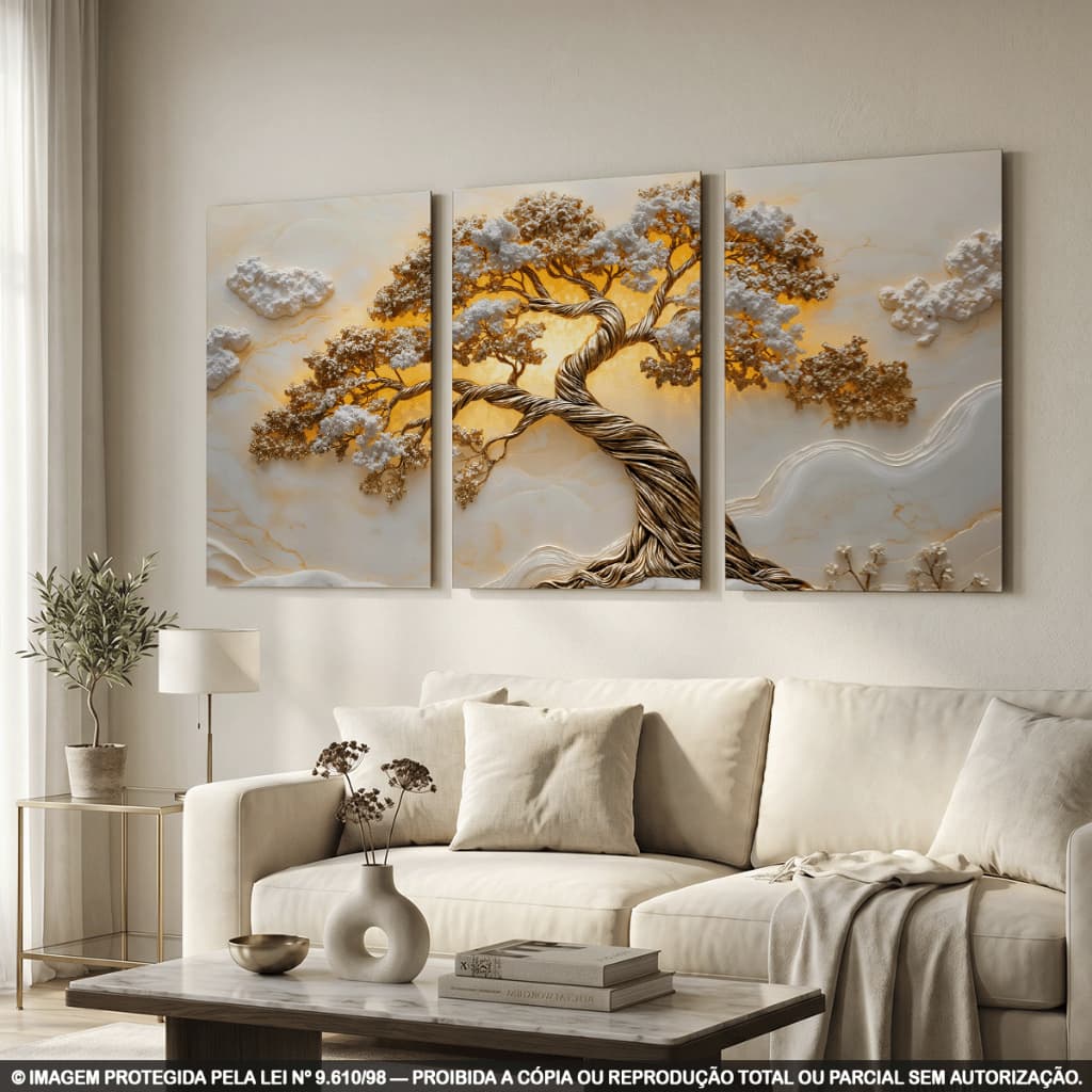 Kit 3 Quadros Decorativos Árvore da Vida Dourada – Arte Luxuosa em Branco e Dourado para Sala, Quarto e Escritório
