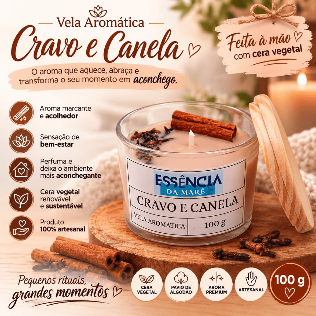 🕯️ Vela Aromática Cravo e Canela 100g Artesanal Essência Premium Perfumada Decoração
