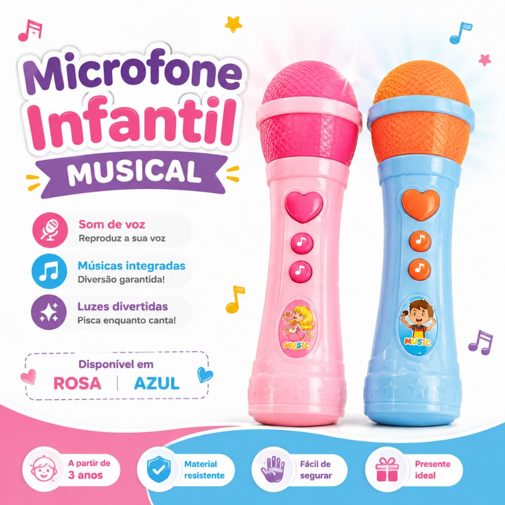 Microfone Infantil Brinquedo com Efeito de Voz e Luz Karaokê Musical Criança
