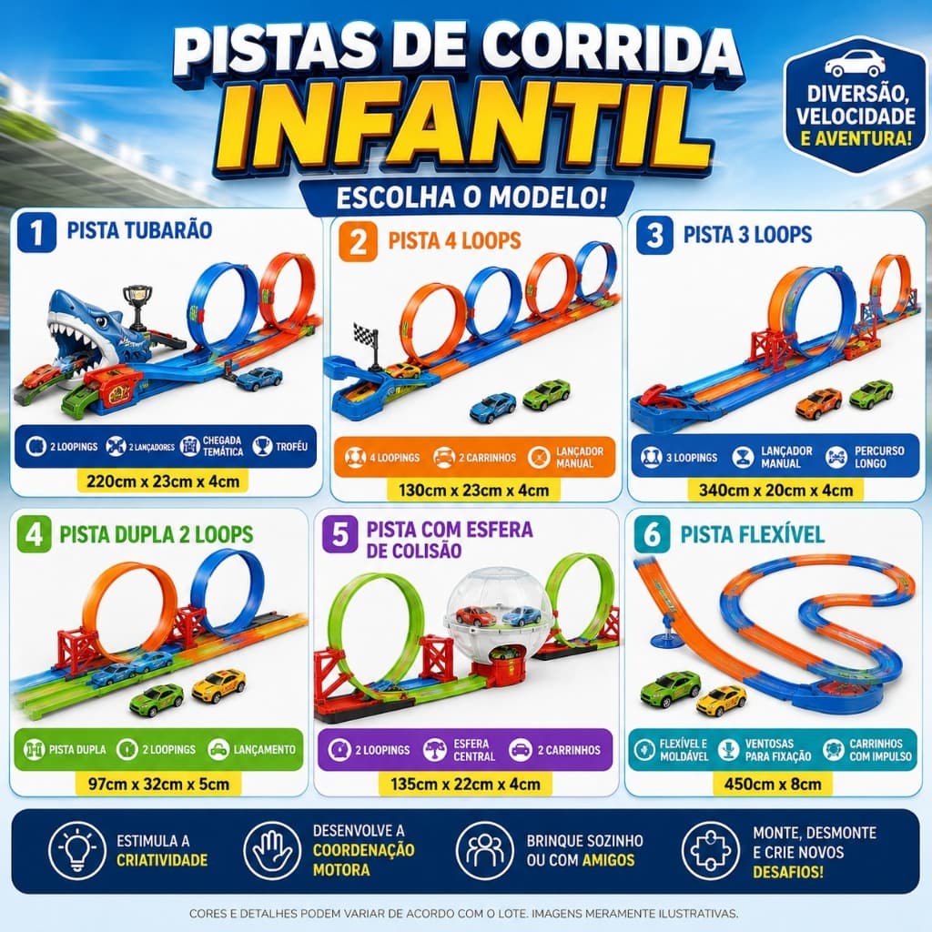 Pista Radical Infantil de Carrinhos com Loops Circuitos e Modelos Variados