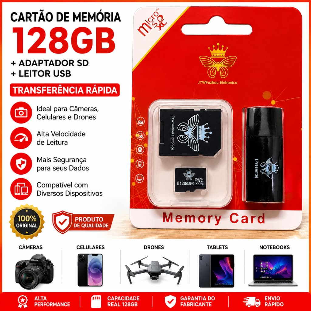 Kit Cartão de Memória 128GB Micro SD Classe 10 Ultra Rápido 3 em 1 Com Adaptador SD e Leitor Pen Drive USB Original